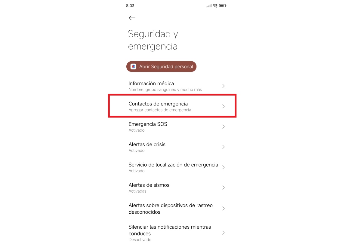 Contactos de emergencia en Android