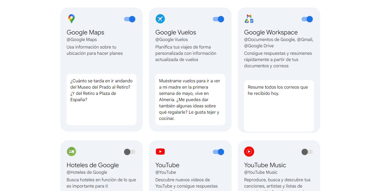 Extensiones de Google Gemini disponibles