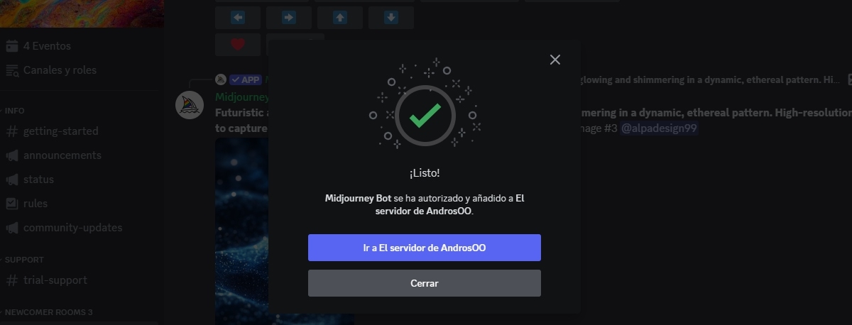 Midjourney bot autorizado y añadido a Discord