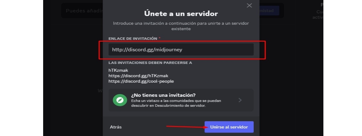 Unirse al servidor de Midjourney en Discord