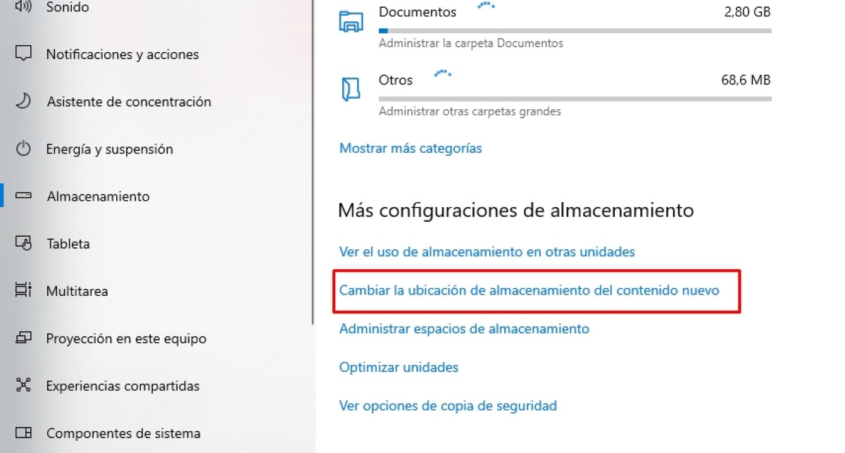 Cambiar ubicación almacenamiento Windows 10