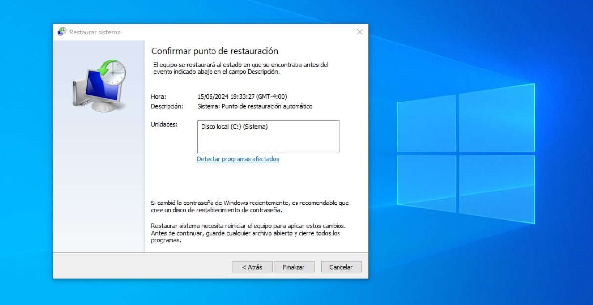 Punto de restauración Windows 10