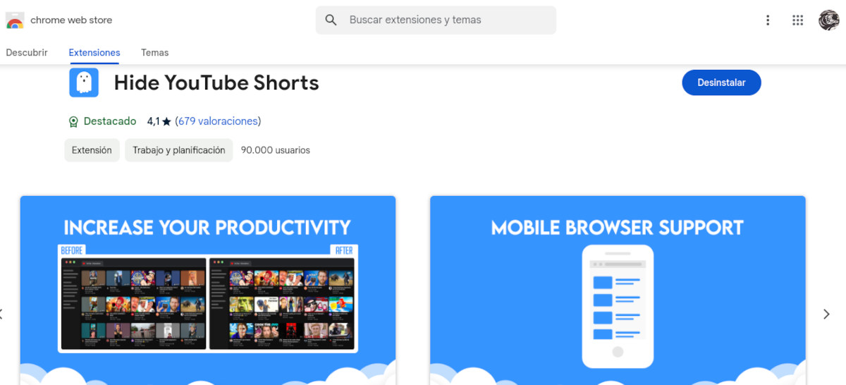 Extensión para desactivar YouTube Shorts