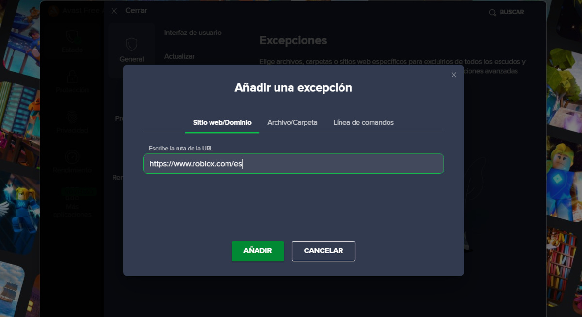 Añadir Roblox como excepción en antivirus