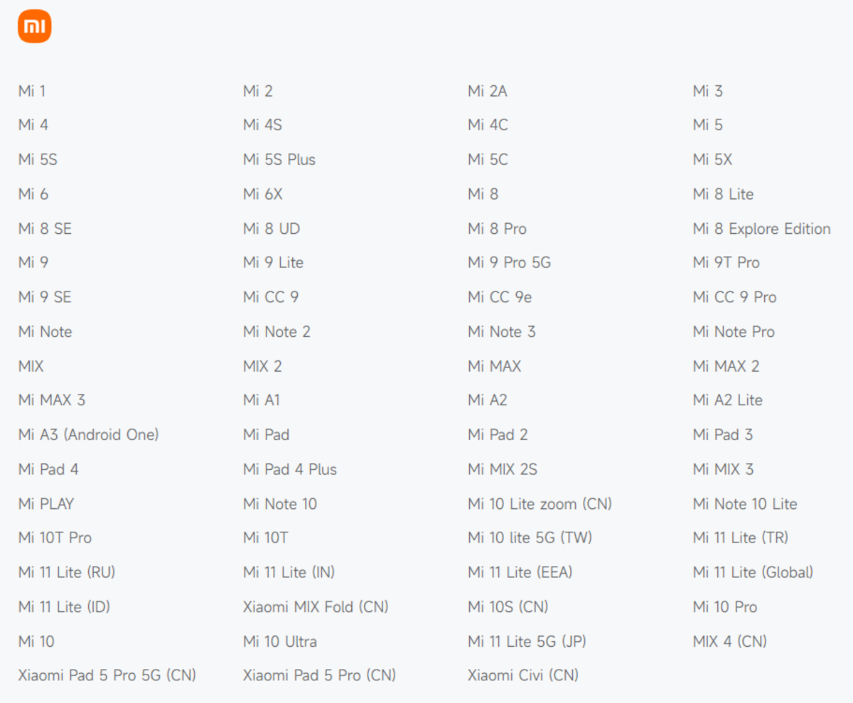 Lista EOL de Xiaomi