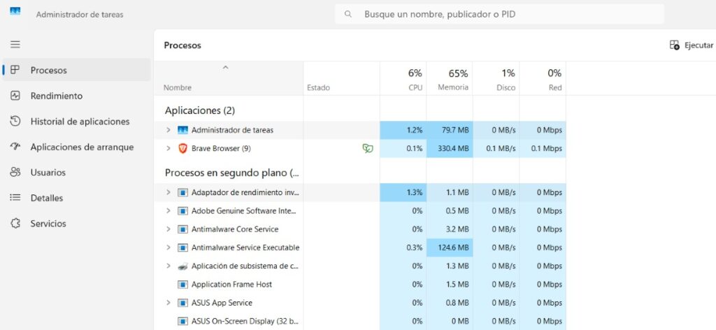 Administrador de tareas Procesos