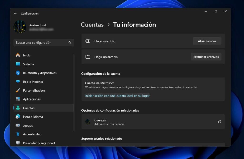 Cambiar cuenta Microsoft por cuenta local