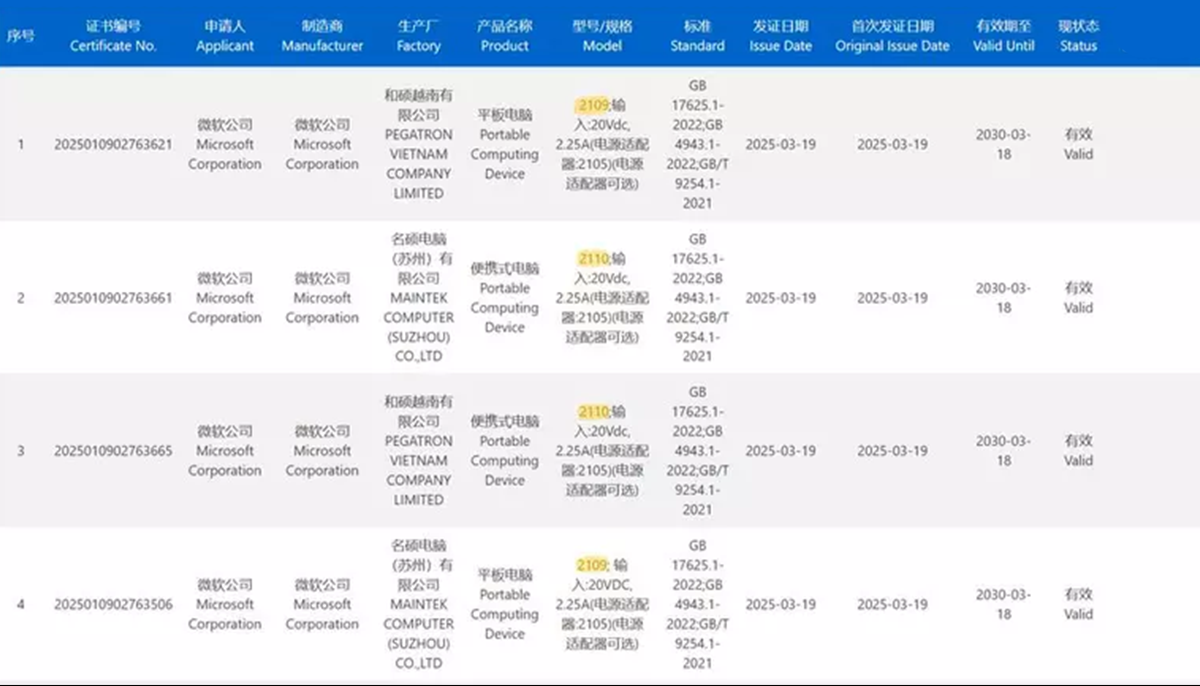 Certificación china Surface Pro 12 pulgadas