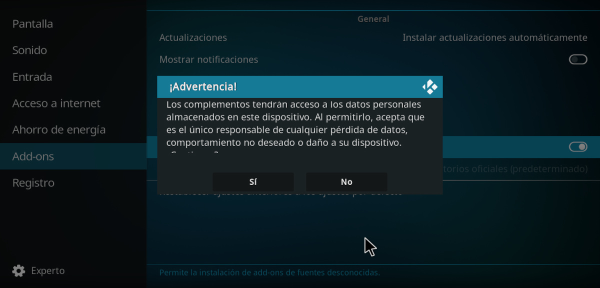Dar permisos a Kodi para instalar complementos de terceros