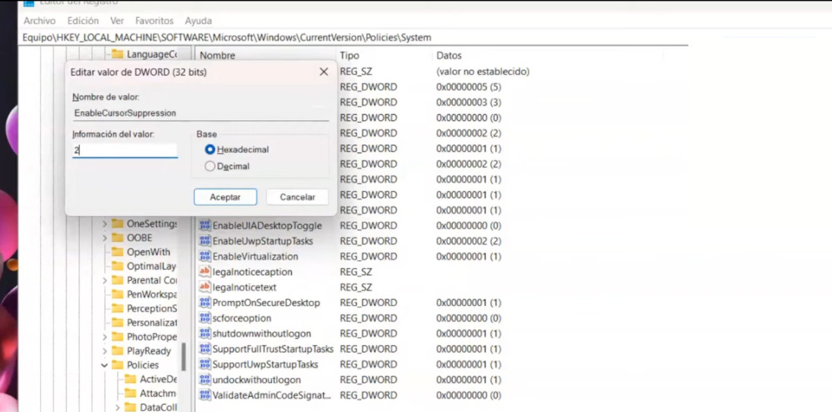 Editar Registro de Windows Cursor