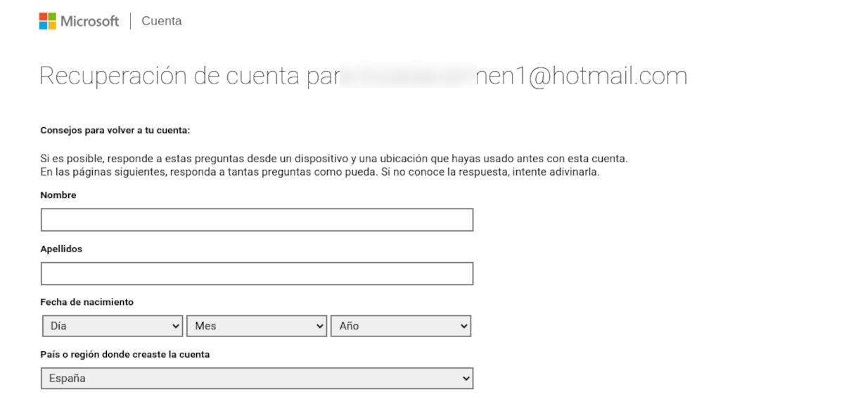 Recuperar cuenta Hotmail datos personales