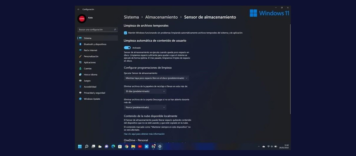 Sensor de almacenamiento de Windows 11