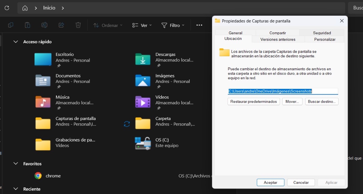 Cambiar la carpeta de capturas de pantalla en Windows 11 desde Propiedades