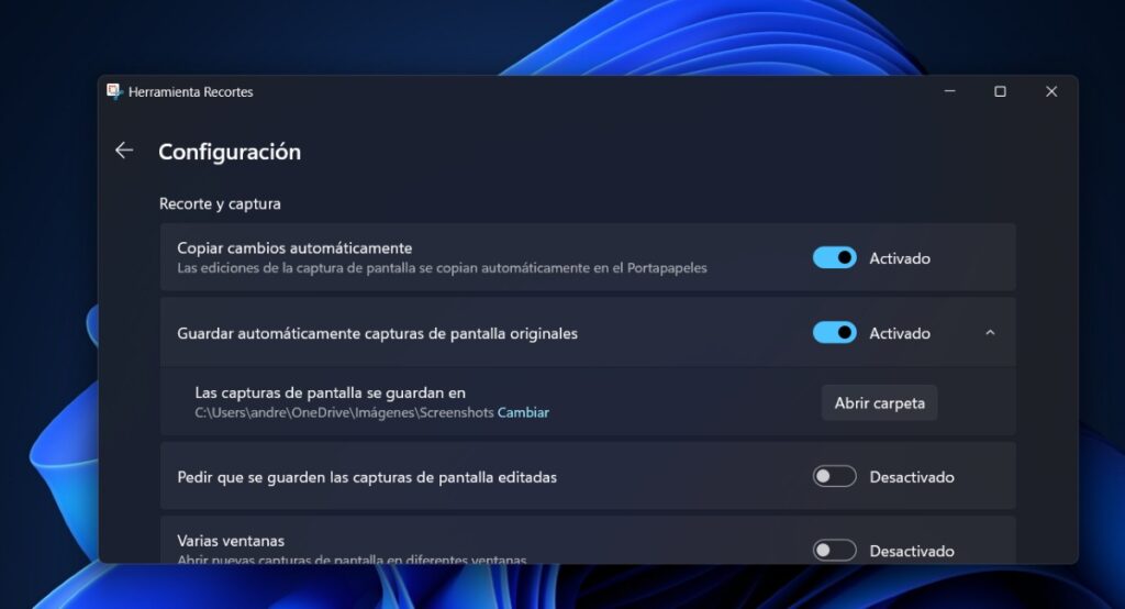 Cambiar la carpeta de capturas de pantalla en Windows 11 desde Recortes