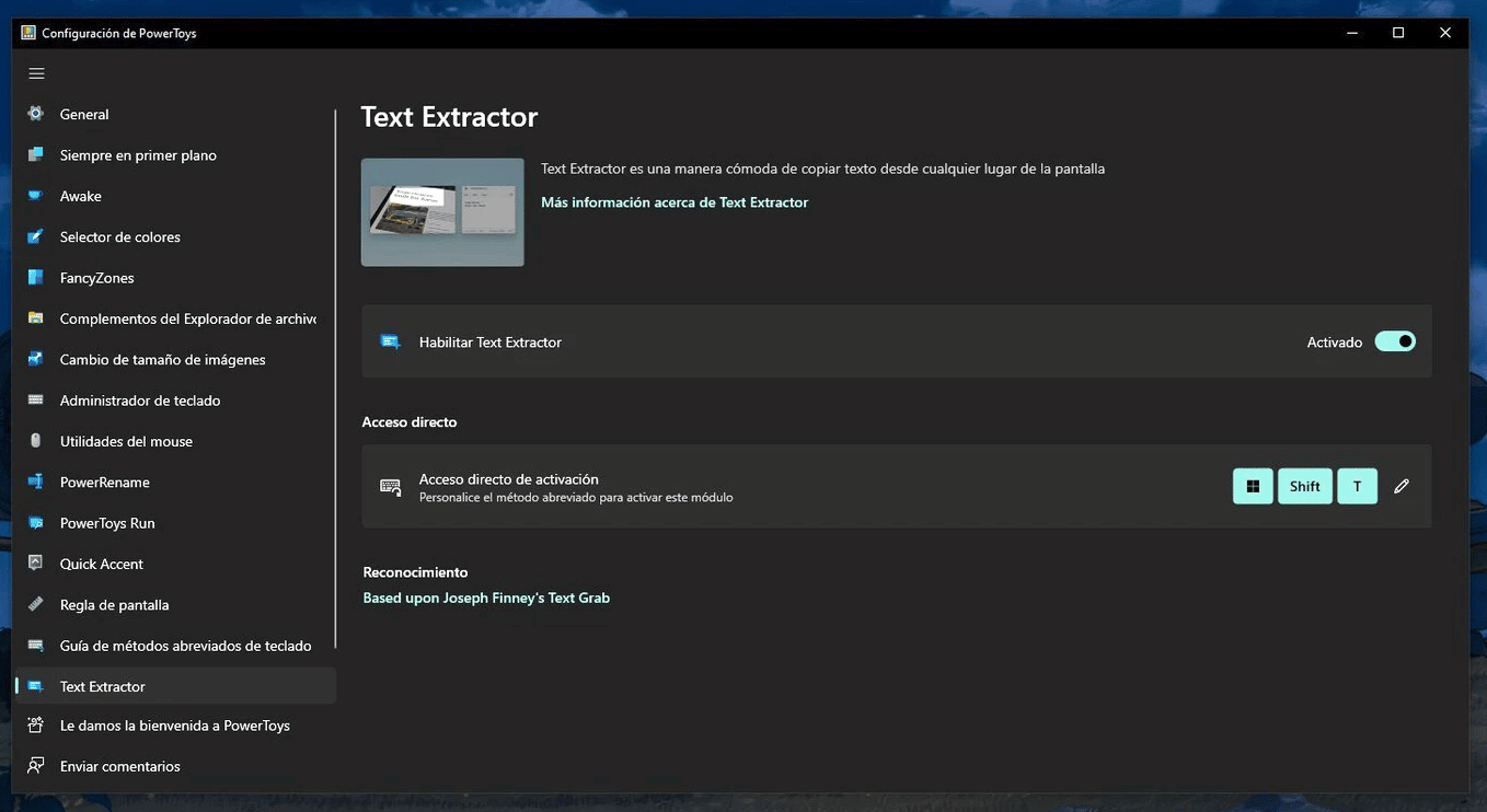 Habilitar Text Extractor en PowerToys