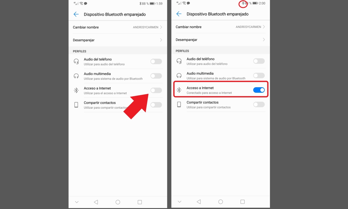 Paso 2 para compartir Internet por Bluetooth
