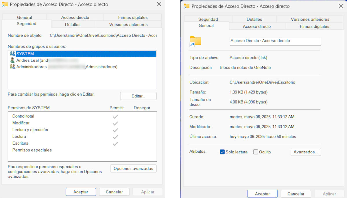 Seguridad y General en Propiedades de acceso directo