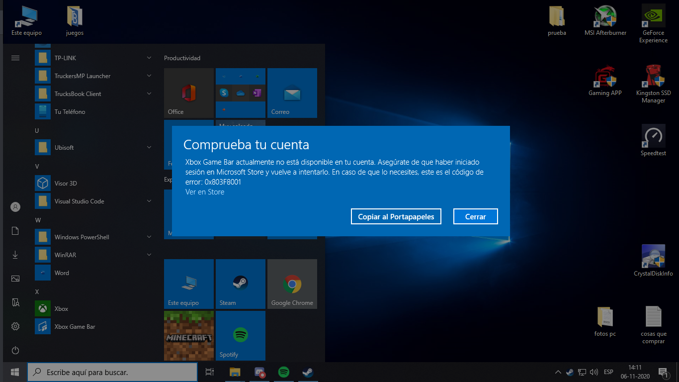 error 0x803F8001 en Windows 11