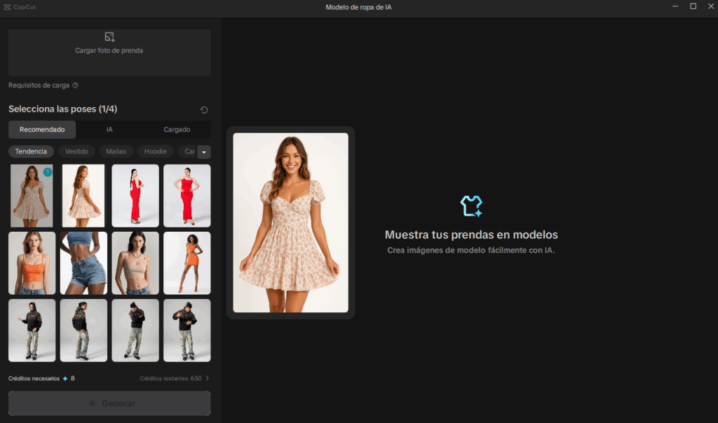 Recrear Ropa Cómo crear modelos de ropa de IA en CapCut fácil y rápido