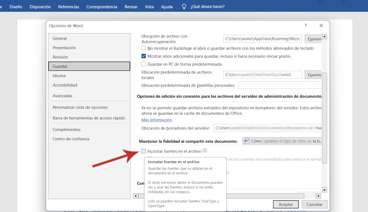 Incrustar fuentes en el archivo Word