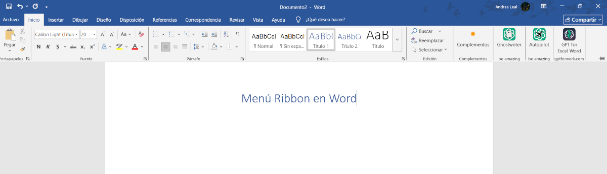Menú Ribbon en Word
