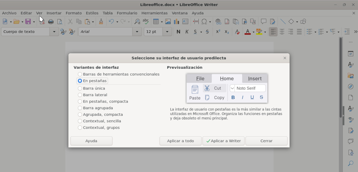 Seleccionar menú Ribbon en LibreOffice