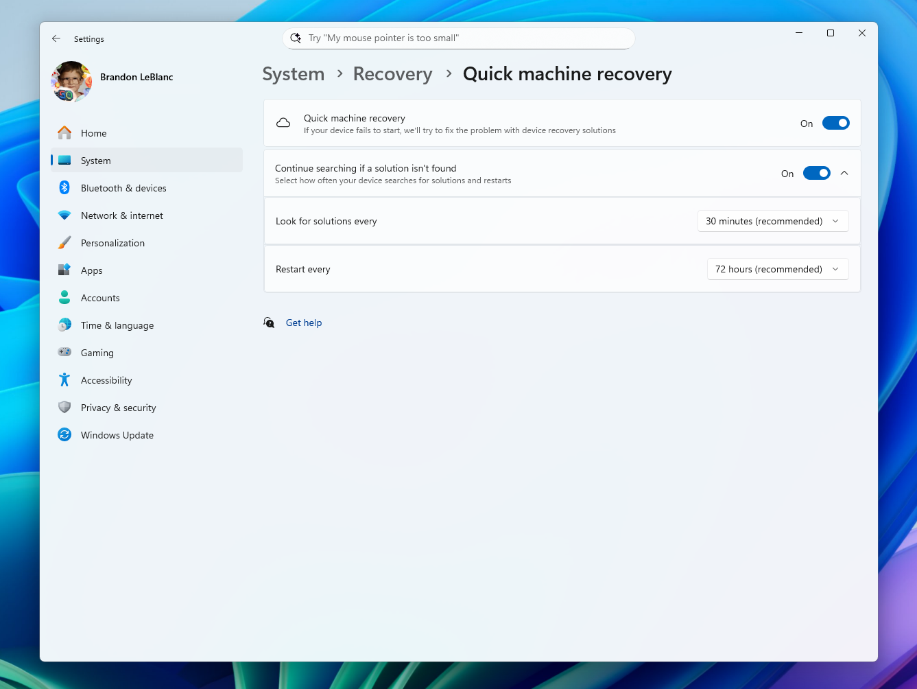Recuperación rápida empresas Windows 11