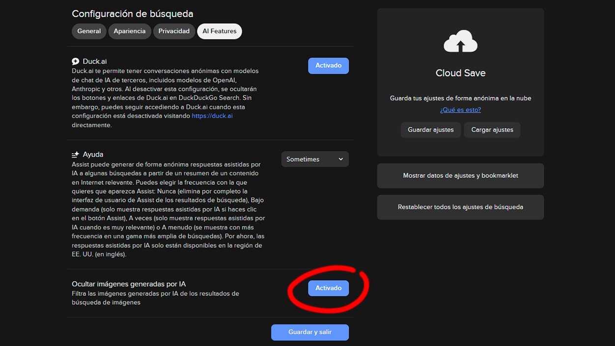 Activar Filtrado inteligente de imagenes con IA en Duckduckgo