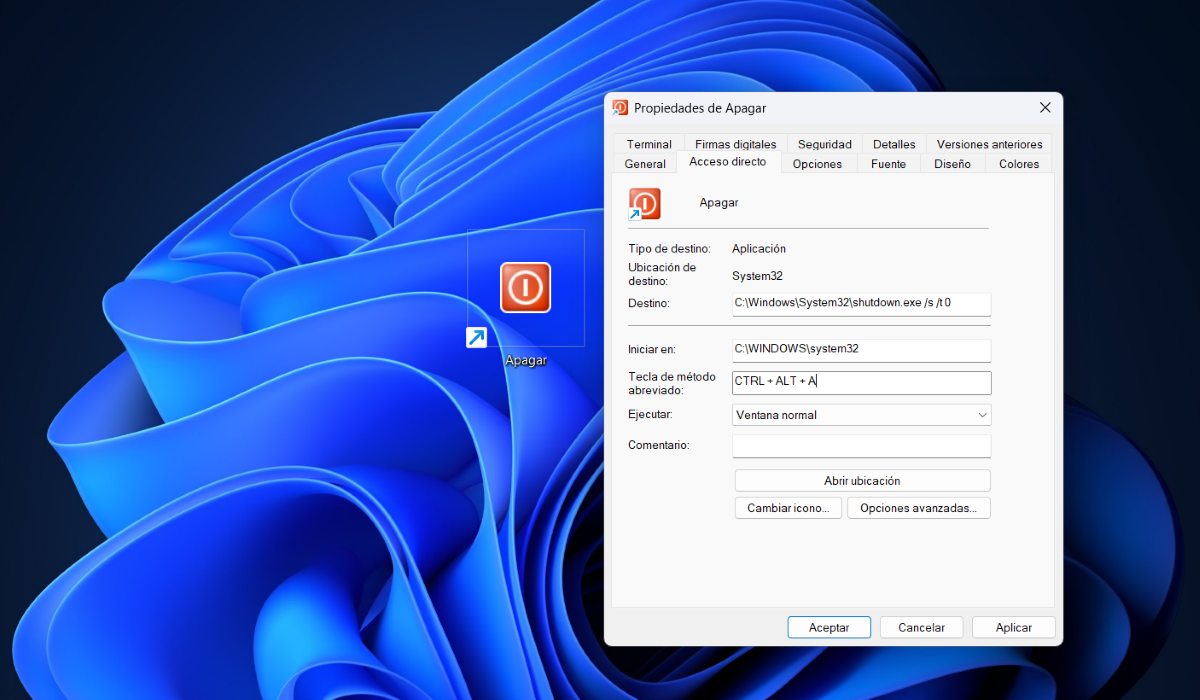Asignar un atajo de teclado después de crear un acceso directo al apagado en Windows 11