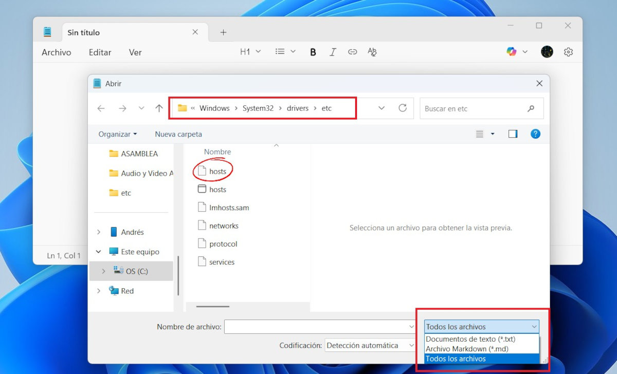 Abrir archivo hosts en Windows 11