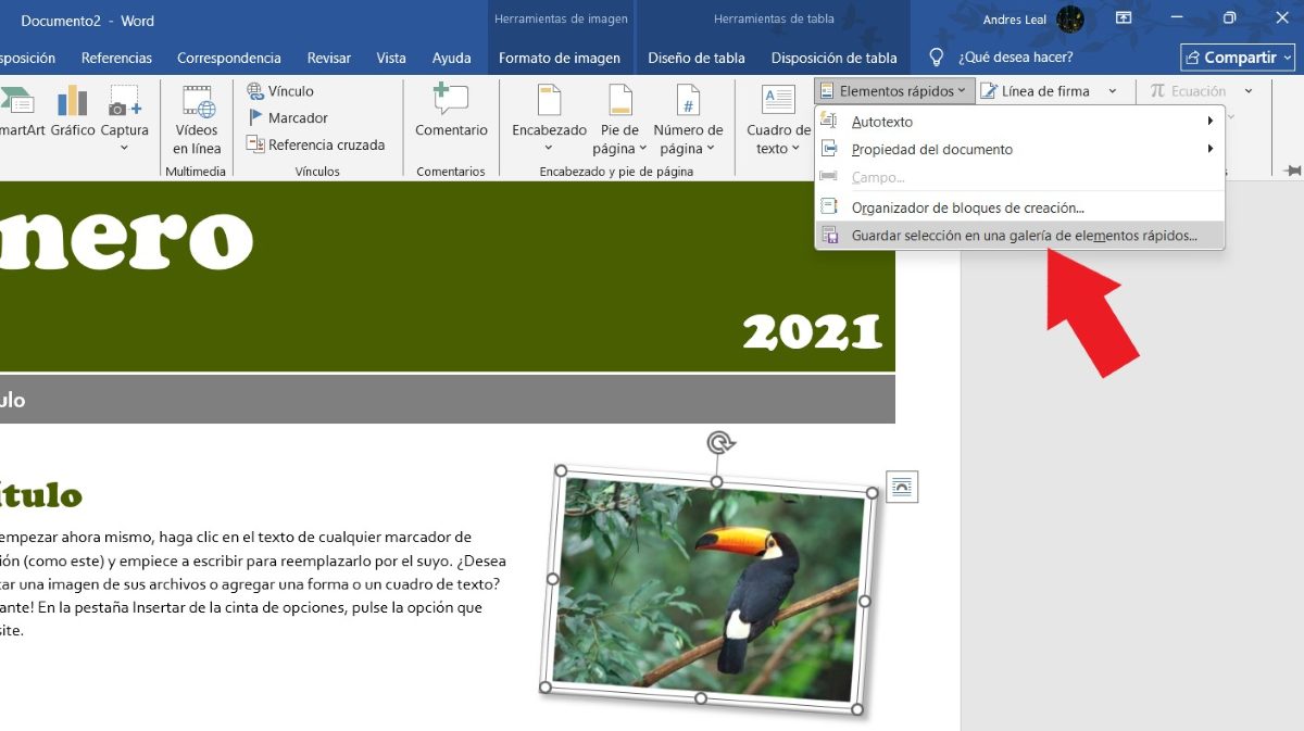 Guardar elementos rápidos en Word