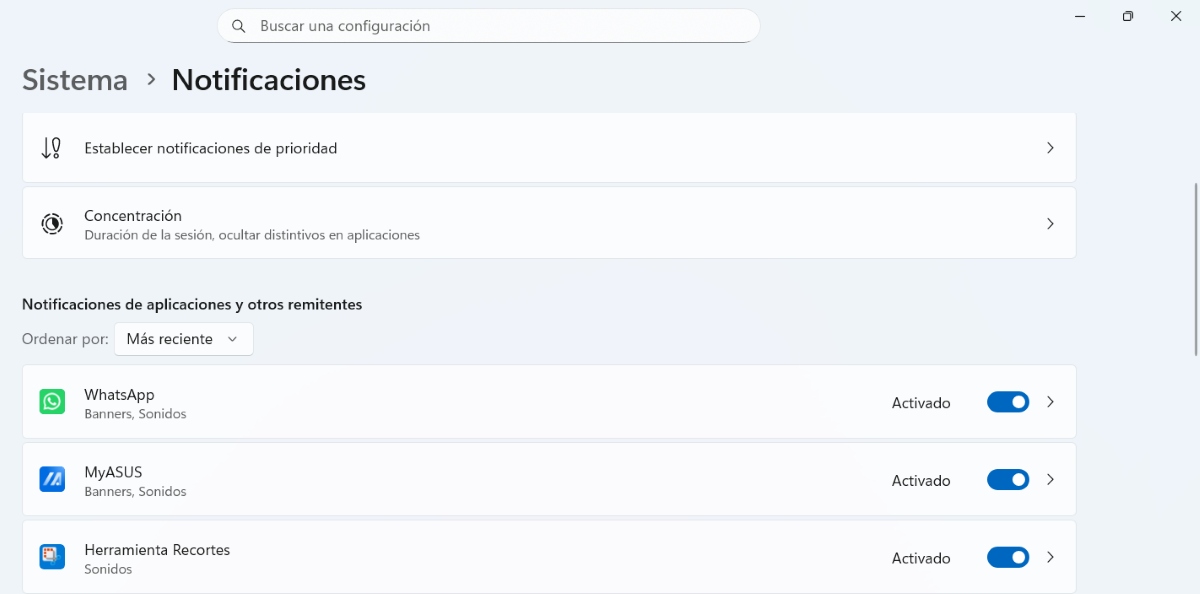 Notificaciones por aplicaciones en Windows 11