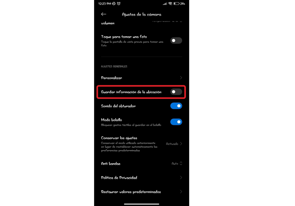 Quitar los permisos de ubicación de la cámara