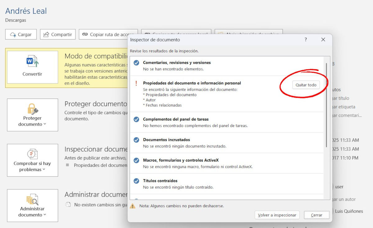 Quitar metadatos en Word