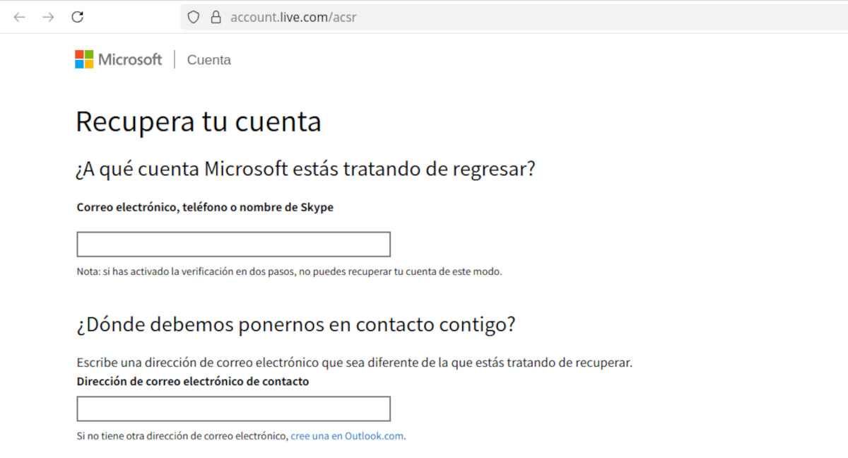 Formulario de recuperación de Microsoft