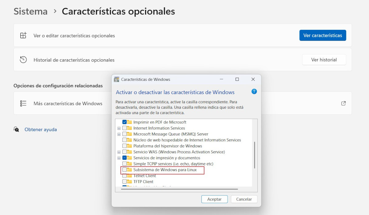 Activar subsistema de Windows para Linux WSL