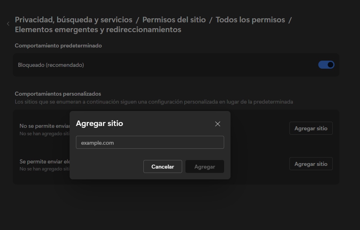 Permitir ventana emergente en URL específica