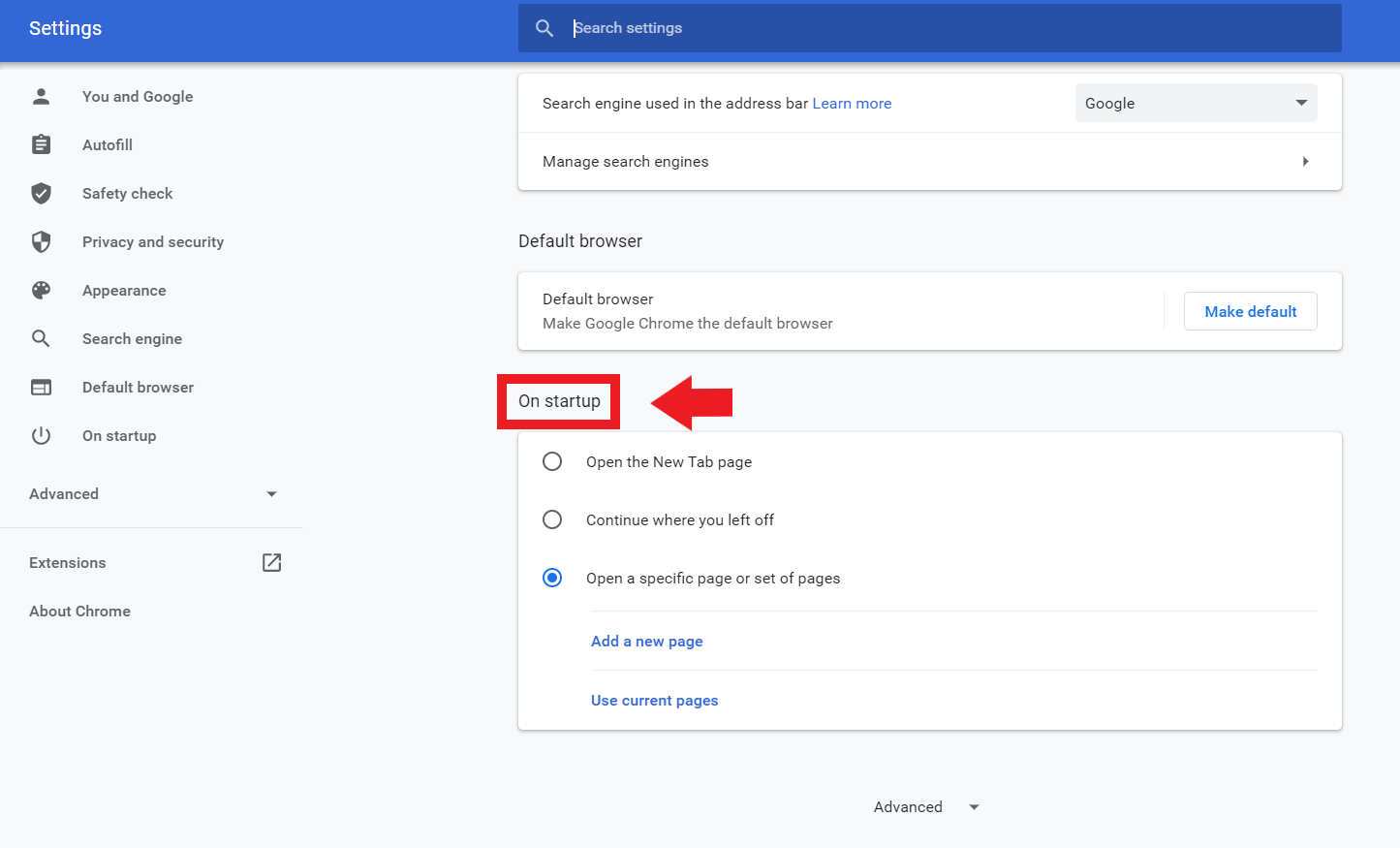 configurar la página de inicio en Chrome