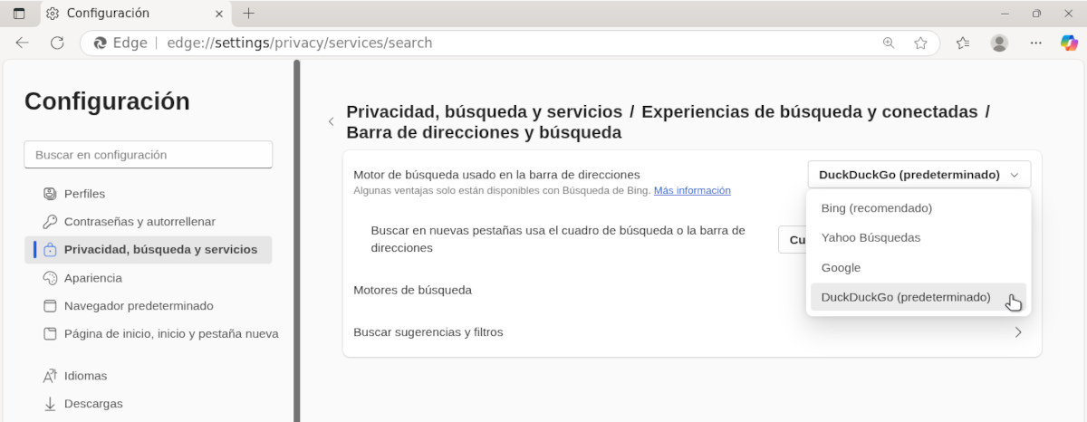 Cambiar el motor de búsqueda en Edge