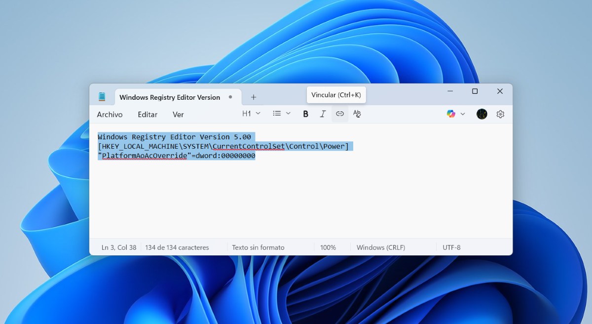 Desactivar Modern Standby desde el Bloc de notas