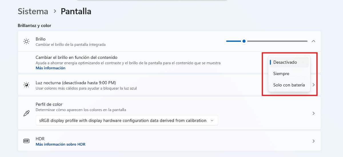 Desactivar brillo automático