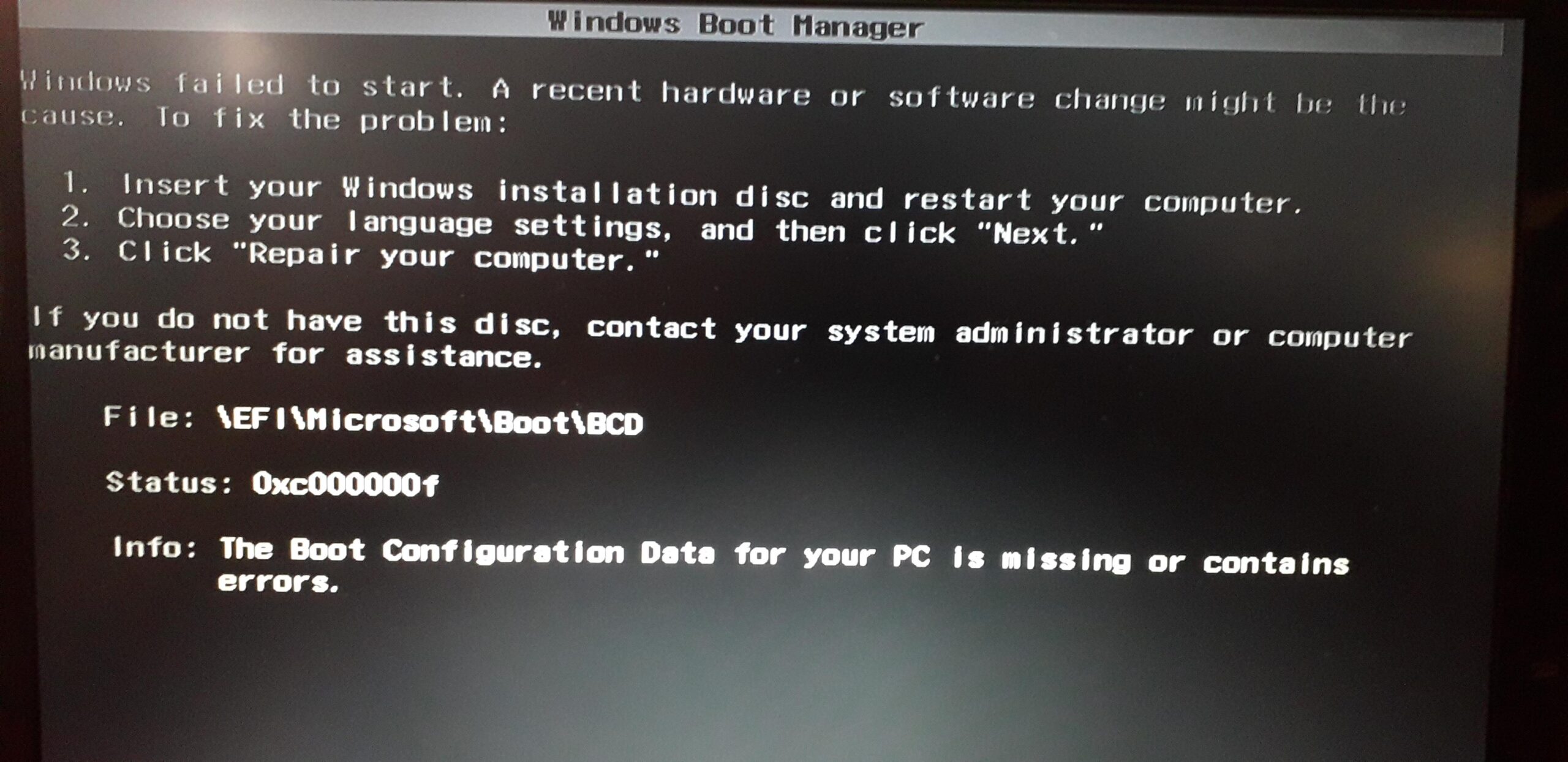 Arranque EFI y reparación BCD en Windows