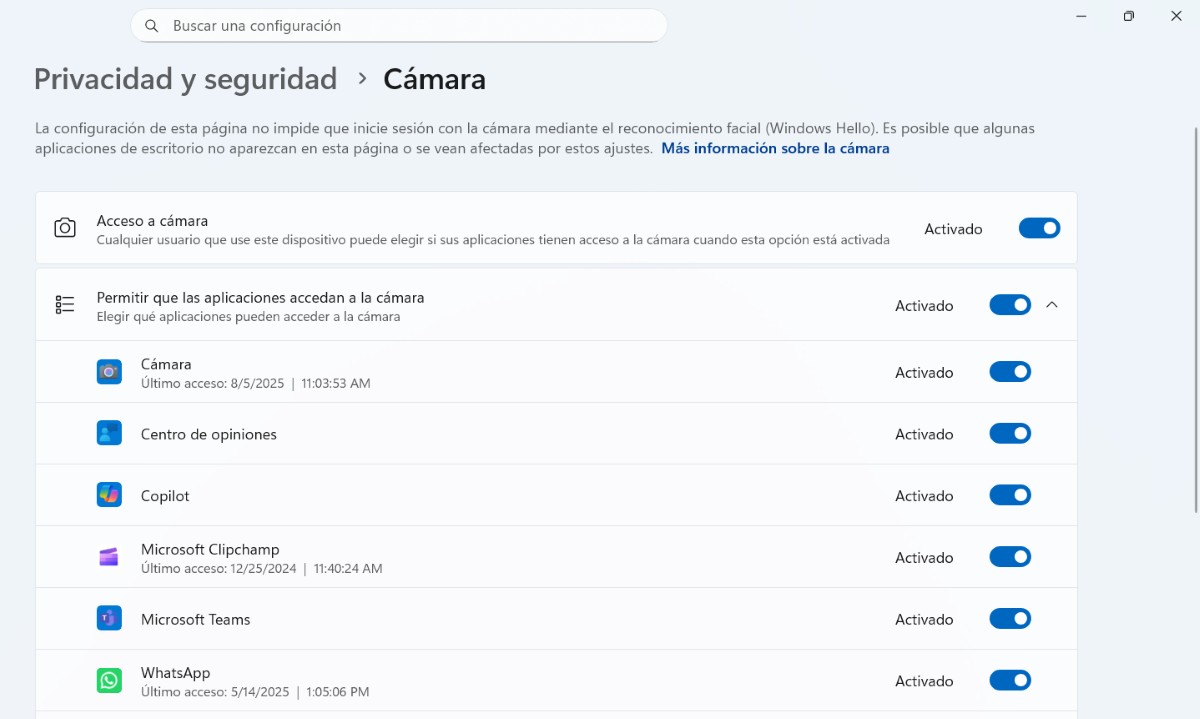 Verifica que la cámara está activada