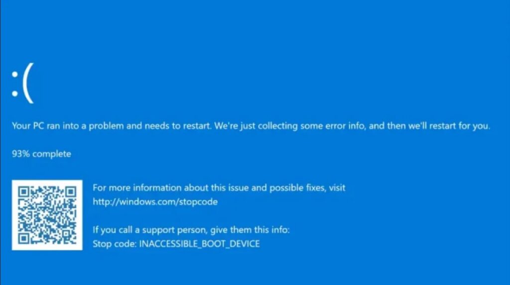 Windows muestra el error INACCESSIBLE_BOOT_DEVICE
