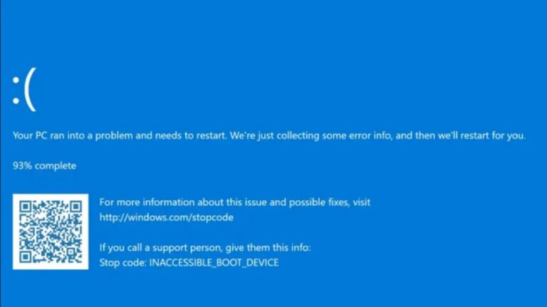 Windows muestra el error INACCESSIBLE_BOOT_DEVICE