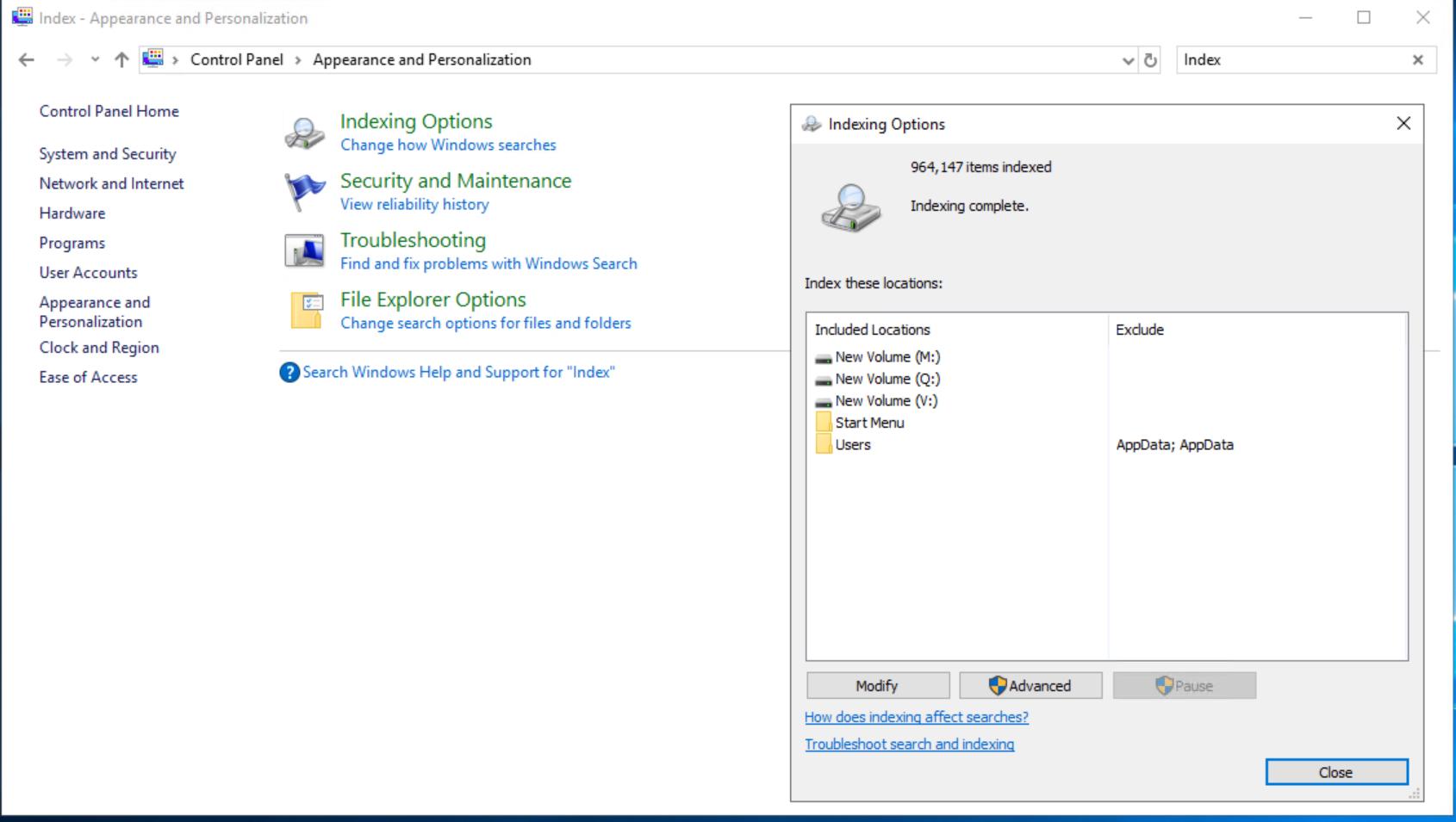 opciones de indexación en Windows
