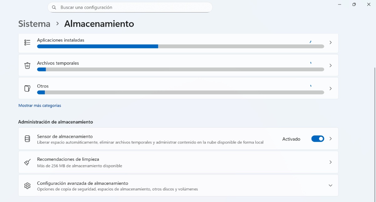 Activar el Sensor de almacenamiento