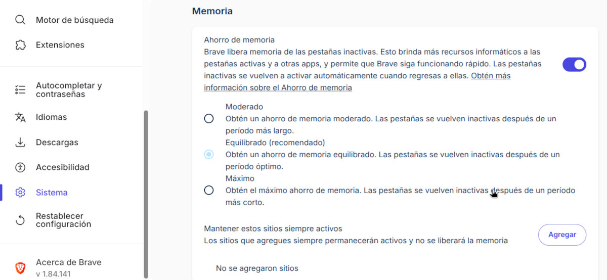 Ahorro de memoria en Brave