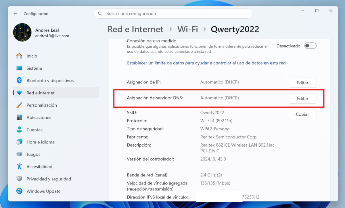 Asignación de servidor DNS Windows 11