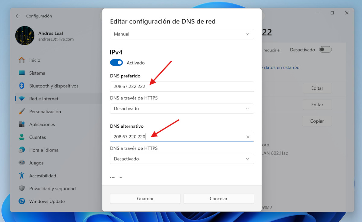 Asignar nuevos servidores DNS en Windows 11